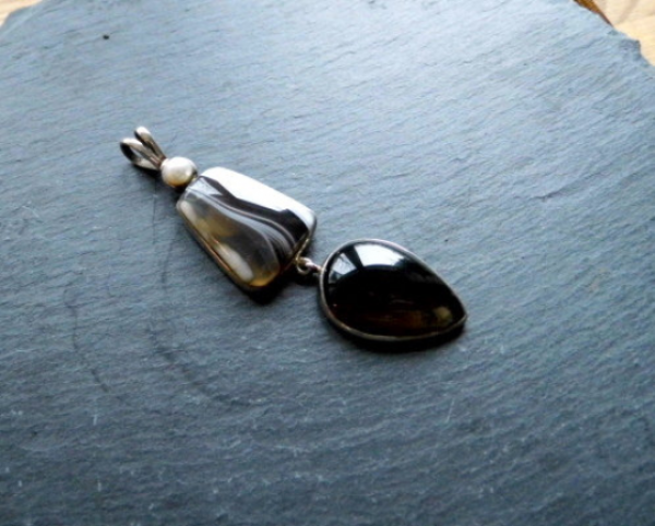 Silberanhänger, 3 Steine, Silber, Achat, Perle, Rauchquarz, Anhänger