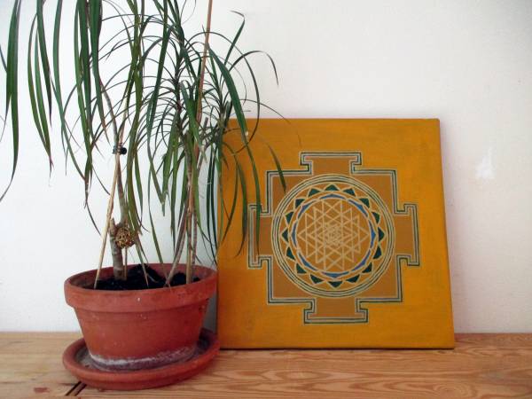 Symbolbild, Acryl, Leinwand, Malerei, Sri Yantra, handgemalt, 40x40, gelb