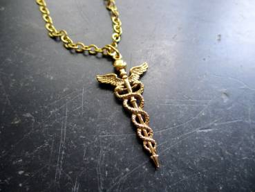 Anhänger, Merkurstab, Caduceus, Sterlingsilber, vergoldet, Stab, Unisex