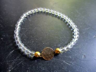 Armband, Symbolarmband, Bergkristall, weiß, Blume des Lebens, Silber, vergoldet