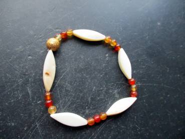 Preview: Armband, Perlmutt, Mondstein, weiß, orange, Silber, vergoldet