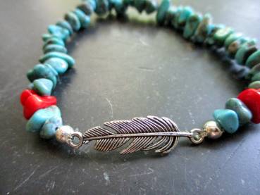 Preview: Armband, Symbolarmband, Feder, Koralle, Türkis, Metall, rot, Unisex, Indianer Schmuck