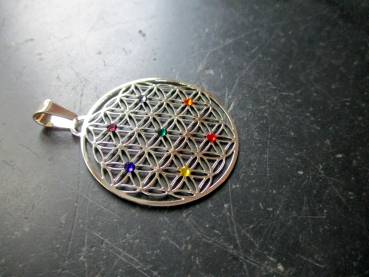 Anhänger, Edelstahl, versilbert, Blume des Lebens, heilige Geometrie, Blume, Chakra, groß
