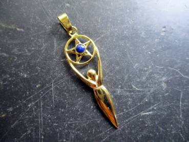 Göttin, Gaja, Erdmutter, Sterlingsilber,  mit Pentagramm, Blauquarz, Schmuck, Muttergöttin, vergoldet
