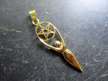 Göttin, Gaja, Erdmutter, Sterlingsilber,  mit Pentagramm, Blauquarz, Schmuck, Muttergöttin, vergoldet