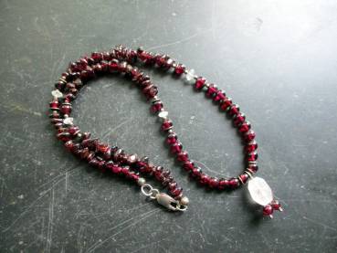 Preview: Kette, Granat Splitter, Rosenquarz Kugel, rot, rosa, Sterlingsilber, Schmuck, Frauen
