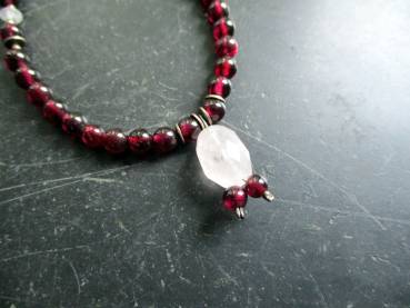 Preview: Kette, Granat Splitter, Rosenquarz Kugel, rot, rosa, Sterlingsilber, Schmuck, Frauen
