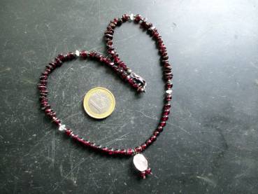 Preview: Kette, Granat Splitter, Rosenquarz Kugel, rot, rosa, Sterlingsilber, Schmuck, Frauen