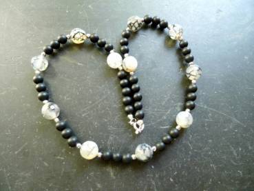 Kette, Spinnenachat, Onyx, schwarz, grau, Sterlingsilber, Schmuck, Frauen