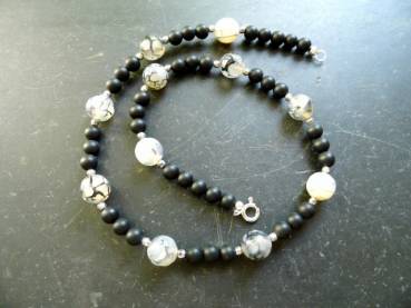 Kette, Spinnenachat, Onyx, schwarz, grau, Sterlingsilber, Schmuck, Frauen