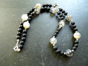 Preview: Kette, Spinnenachat, Onyx, schwarz, grau, Sterlingsilber, Schmuck, Frauen