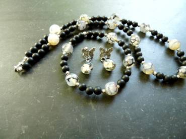 Preview: Kette, Spinnenachat, Onyx, schwarz, grau, Sterlingsilber, Schmuck, Frauen