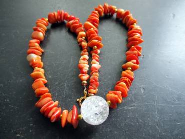 Preview: Kette, Koralle, Splitter, rot, Bergkristall, Sterlingsilber, Schmuck, Frauen