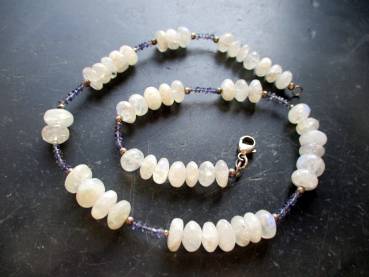 Mondsteinkette, Mondstein, Kette, Silber, Iolith, Wassersaphir, Collier, weiß, blau