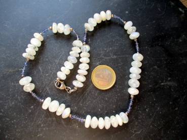 Preview: Mondsteinkette, Mondstein, Kette, Silber, Iolith, Wassersaphir, Collier, weiß, blau