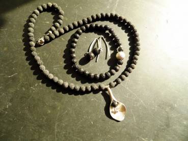 Preview: Kette, Lava, Schmuck, Silber, Blatt, Blüte, schwarz, Frauen, Lavakette