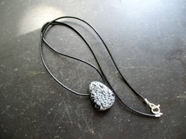Kette, Anhänger, Tropfen, Lederband, Schneeflockenobsidian, schwarz, weiß, Unisex
