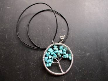 Kette, Lederband, Anhänger, Baum des Lebens, Metall, versilbert, Türkis, blau