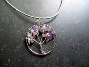 Kette, Lederband, Anhänger, Baum des Lebens, Metall, versilbert, Amethyst, lila