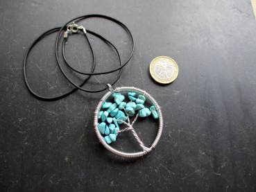Kette, Lederband, Anhänger, Baum des Lebens, Metall, versilbert, Türkis, blau