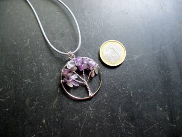 Kette, Lederband, Anhänger, Baum des Lebens, Metall, versilbert, Amethyst, lila