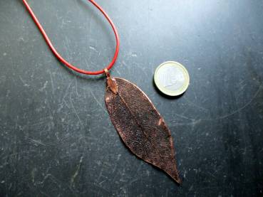 Kette, Anhänger, Blatt, echt, Lederband, Blatt, kupferfarben, Schmuck, Bodhi Baum