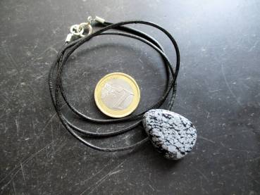 Kette, Anhänger, Tropfen, Lederband, Schneeflockenobsidian, schwarz, weiß, Unisex