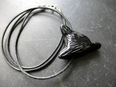 Anhänger, Kette, Lederband, Wolf, Obsidian, schwarz, Krafttier, Schmuck. Unisex