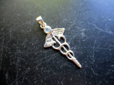 Anhänger, Silber, Merkurstab, Caduceus, Mondstein,  Heilung, Unisex