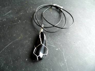 Preview: Kette, Lederband, Obsidian, Draht, gewickelt, Anhänger, Schmuck, schwarz
