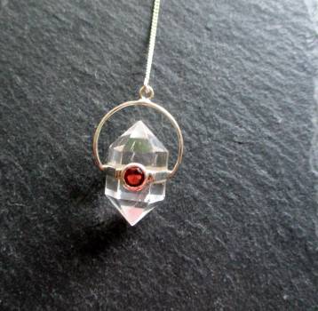 Pendel, Bergkristall Pendel, Doppelender, Silber, Granat, Schamane