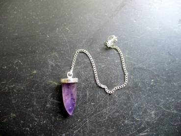 Pendel, Metall, versilbert, Fluorit, lila, Spitzpendel, Wicca, Schamane
