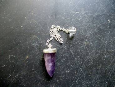 Pendel, Metall, versilbert, Fluorit, lila, Spitzpendel, Wicca, Schamane