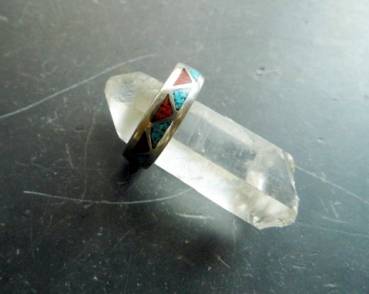 Preview: Ring, Silberring, Türkis, Koralle, Einlegearbeit, Inlay, Mexico, Sonderangebot