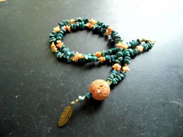 Preview: Kette, Türkis, Koralle, Kugel, Feder, Messing, orange, grün, Indianer Schmuck