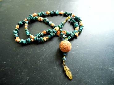 Preview: Kette, Türkis, Koralle, Kugel, Feder, Messing, orange, grün, Indianer Schmuck