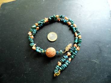 Kette, Türkis, Koralle, Kugel, Feder, Messing, orange, grün, Indianer Schmuck