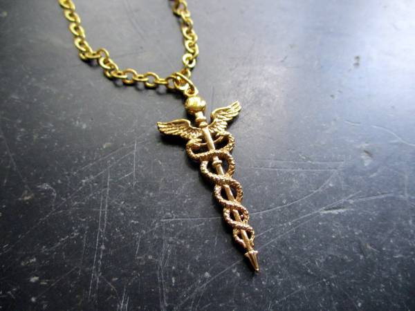 Anhänger, Merkurstab, Caduceus, Sterlingsilber, vergoldet, Stab, Unisex