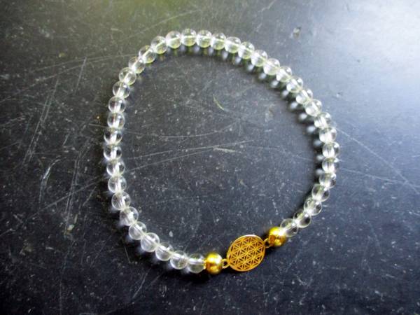 Armband, Symbolarmband, Bergkristall, weiß, Blume des Lebens, Silber, vergoldet