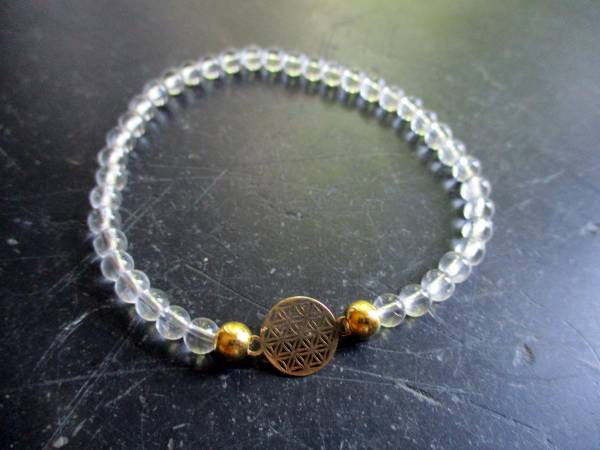 Armband, Symbolarmband, Bergkristall, weiß, Blume des Lebens, Silber, vergoldet