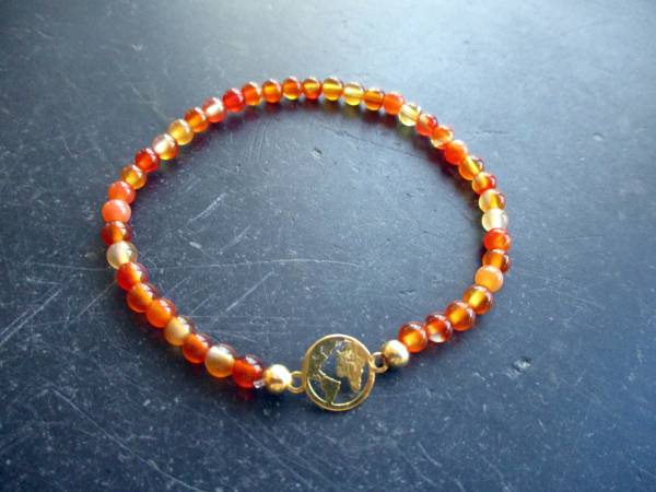 Armband, Symbolarmband, Mondstein, Weltkugel, Silber, vergoldet, orange