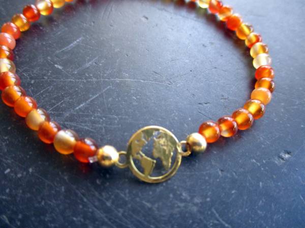 Armband, Symbolarmband, Mondstein, Weltkugel, Silber, vergoldet, orange