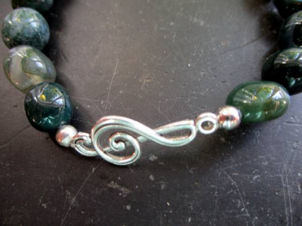 Armband, Moosachat, dunkelgrün,  Notenschlüssel, Silber, Männer, Frauen, Unisex