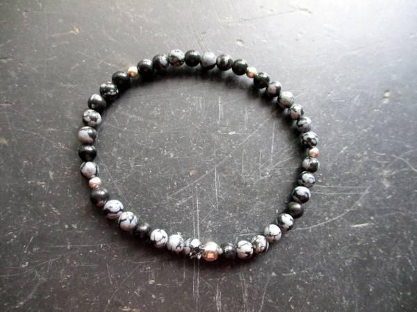 Armband, Obsidian, Schneeflockenobsidian, schwarz, weiß, Silber