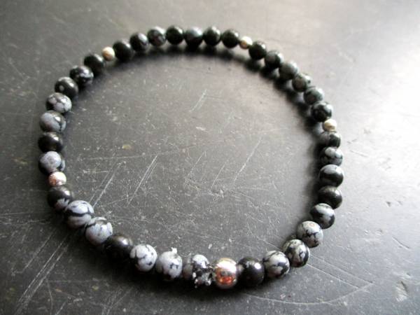 Armband, Obsidian, Schneeflockenobsidian, schwarz, weiß, Silber