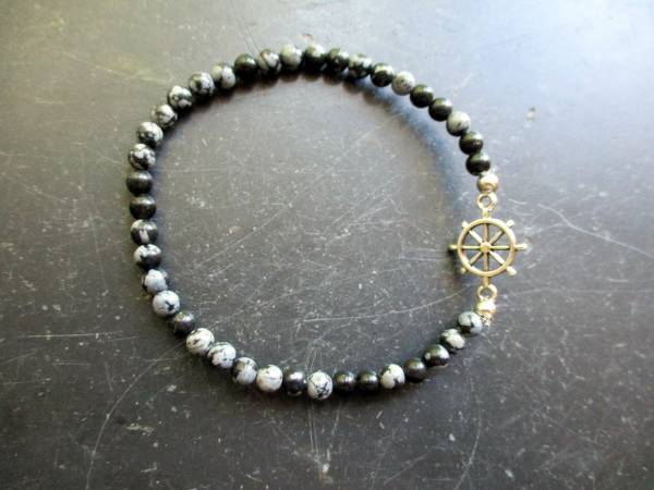 Armband, Obsidian, Schneeflockeobsdian, schwarz, Steuerrad,Männer, Frauen, Schmuck