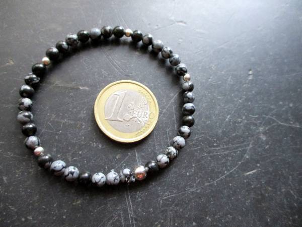 Armband, Obsidian, Schneeflockenobsidian, schwarz, weiß, Silber