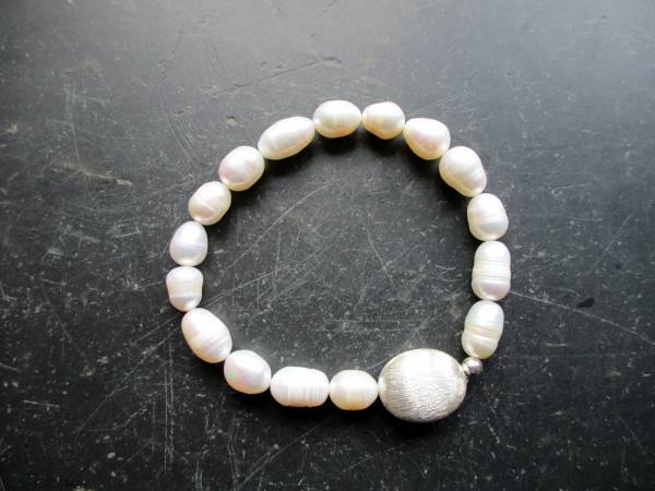 Armband, Perlen, Perlenarmband, Süsswasserperle, unregelmäßig, weiß, Braut, Silberperle