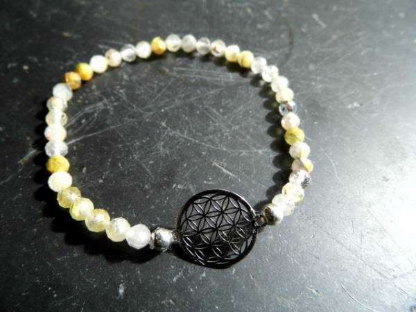 Armband, Symbolarmband, Rutilquarz, facettiert,  Blume des Lebens, Silber, weiß, beige