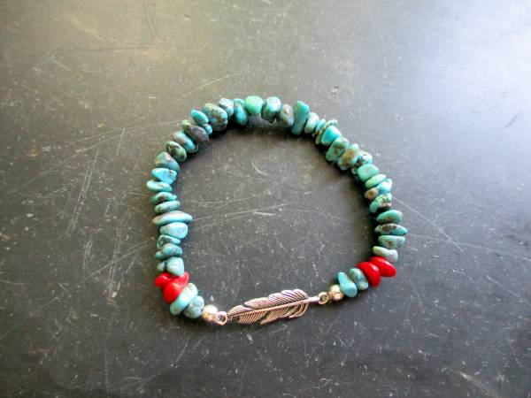 Armband, Symbolarmband, Feder, Koralle, Türkis, Metall, rot, Unisex, Indianer Schmuck